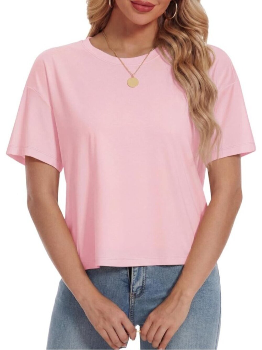 Women's Light Pink Short Sleeve Round Neck Summer Casual Loose Cotton Crop Tops